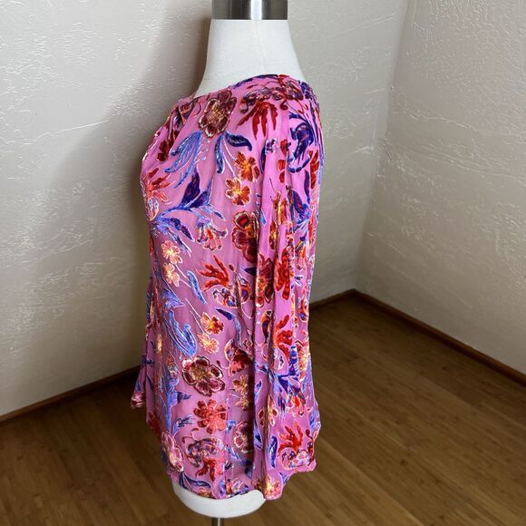 Hale Bob Top Medium Pink Floral Delyse Velvet Burnout Keyhole 3/4 Kimono Sleeves - Picture 8 of 11